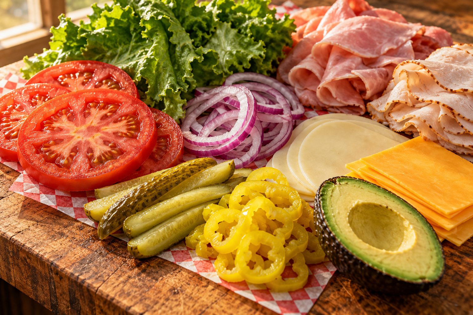 Fresh sandwich ingredients on a wooden counter: sliced tomatoes, lettuce, red onion, pickles, banana peppers, cheeses, deli meats and avocado